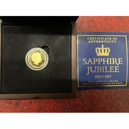 205P - A 2017 Sapphire Jubilee 22ct gold proof one pound coin 7.98 grams limited edition number 262/595