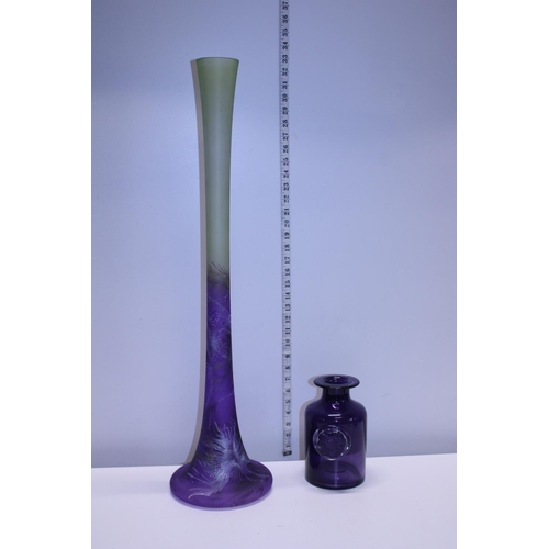 363 - A large purple and green fluted vase h79cm and a Dartington vase, shipping unavailable