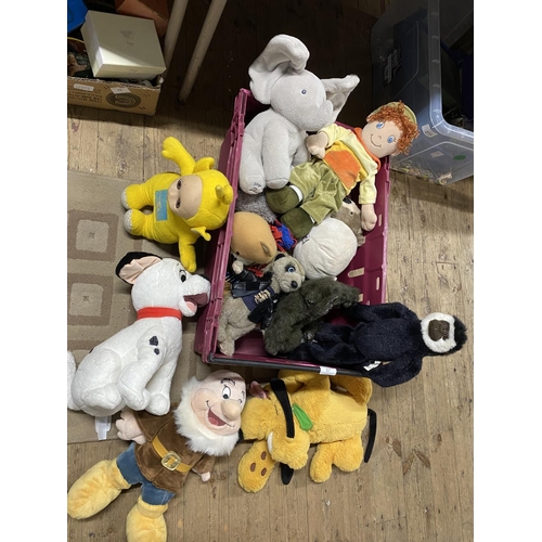 187 - A box of soft toys including Teletubbies and Disney.