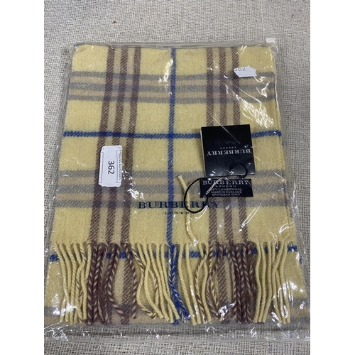 143 - A new with tags Burberry 100% lambs wool yellow long scarf 120 x 23cm