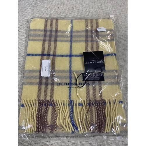 144 - A new with tags Burberry 100% lambs wool yellow long scarf 120 x 23cm