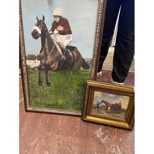 200 - Two horse racing themed oil on boards (no shipping available)