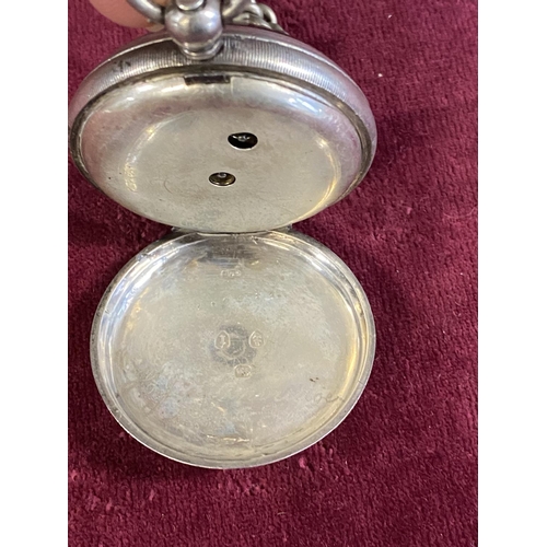 241 - A hallmarked silver gents pocket watch with chain and key (slight damage to enamel dial runs intermi... 