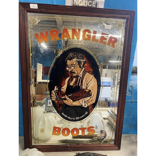 9 - A vintage framed advertising mirror for Wrangler Boots. Shipping unavailable