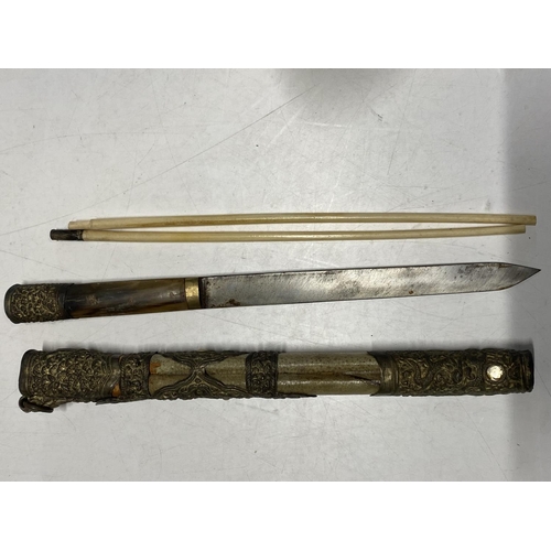 117 - A antique Chinese chopstick and knife set with brass fittings