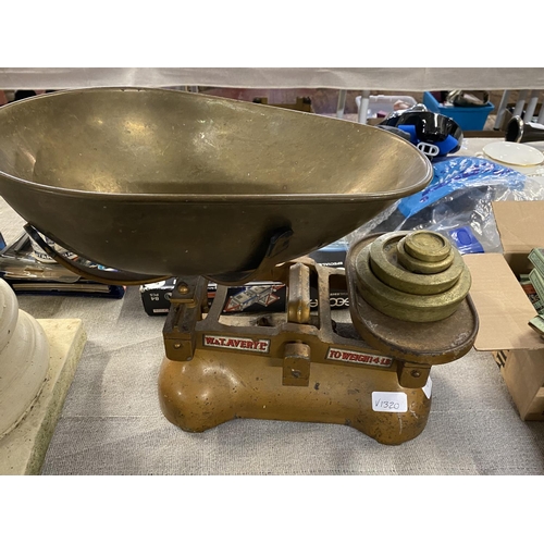 176 - A large set of brass kitchen scales by Avery with weights. shipping unavailable.