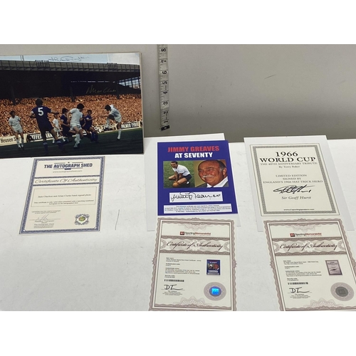 5 - Three pieces of signed football ephemera including Jack Charlton, Alan Clarke, Jimmy Greaves and Sir... 