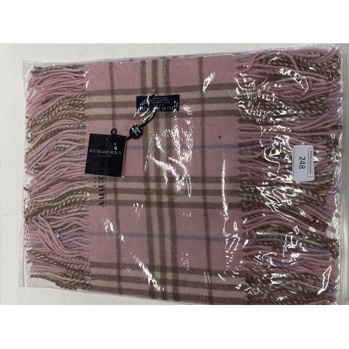 249 - A new with tags Burberry 100% lambs wool pink long scarf with double tassels 150 x 37cm