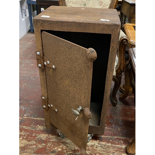 358 - A antique industrial metal cabinet on castors, shipping unavailable