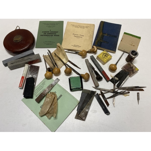 36 - A selection of vintage tools including a tape measure and EC Lyons engravers