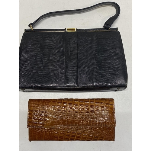 258 - A Mappin & Webb lizard skin vintage handbag and a vintage crocodile skin purse.