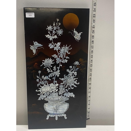 306 - A Japanese lacquered panel with MOP inlay 63x30cm,