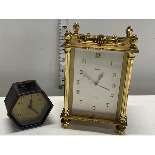 388 - A vintage Swiza carriage clock and a 1930's miniature alarm clock