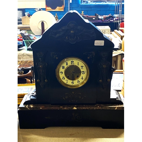 389 - A heavy slate mantle clock by ALM with key and pendulum, shipping unavailable