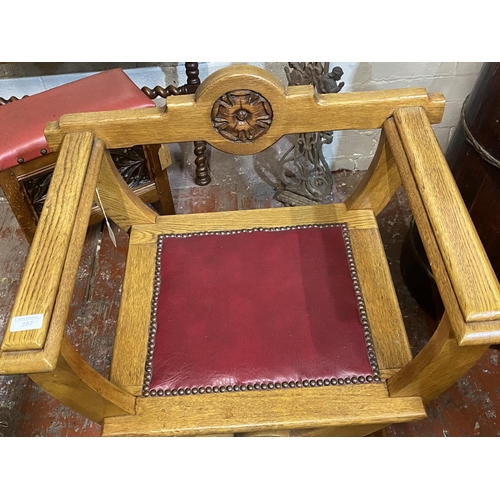 397 - A antique X framed oak bishops chair with red leather insert, shipping unavailable