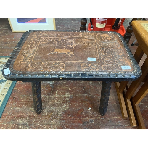 356 - A unusual handmade Spanish theme table with leather insert, 60x40cm shipping unavailable