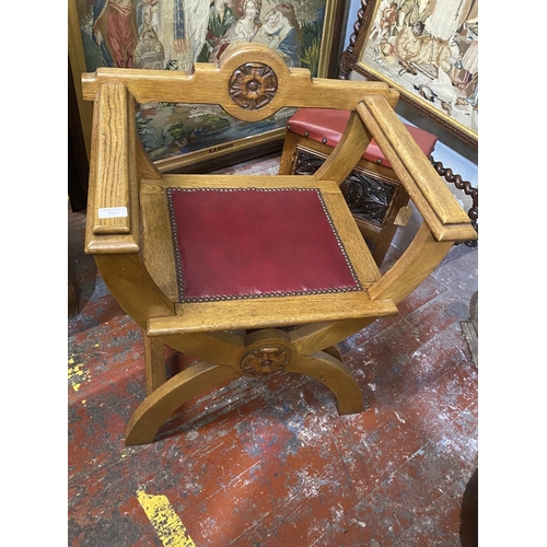 362 - A antique X framed oak bishops chair with red leather insert, shipping unavailable