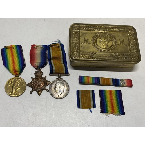 125 - Three WW1 medals awarded to MS - 2124 PTE. P.J.French ASC with a WW1 Princess Mary Christmas tin