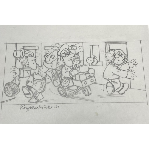 126A - Thirteen original pencil sketches by Ray Mutimer including Postman Pat, Rupert and Harold with lette... 