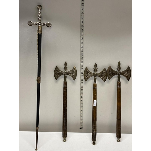 155 - Three ornamental throwing axes and a sword in scabbard, Shipping unavailable