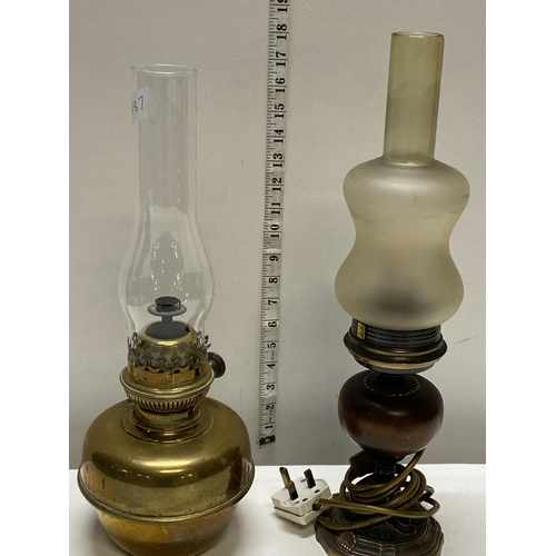 158 - A vintage brass and glass oil lamp and one other converted for electric use