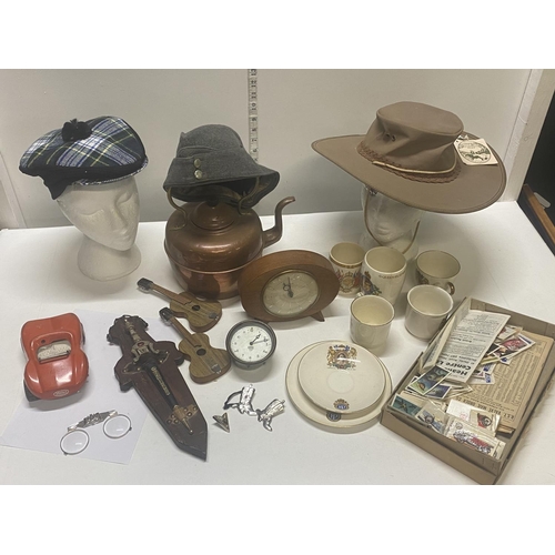 162 - A job lot of misc including a new Ozzy Bushmans hat and 2 Smiths clocks