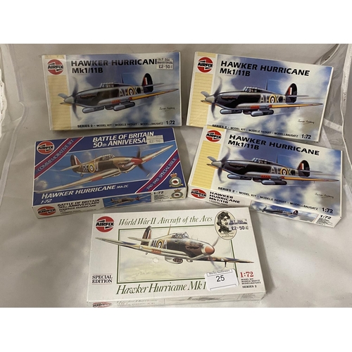 25 - Five assorted Airfix model kits of Hurricane aircraft (unchecked)