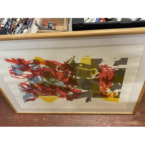 269 - Three pieces of signed contemporary artwork (artist unknown), shipping unavailable, largest frame 11... 