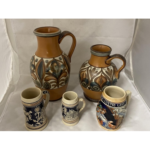 33 - Two mid-century Langley jugs and three German beer steins