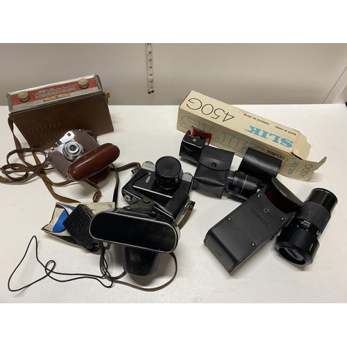 6 - A job lot of vintage cameras, accessories and a Bush radio (untested)