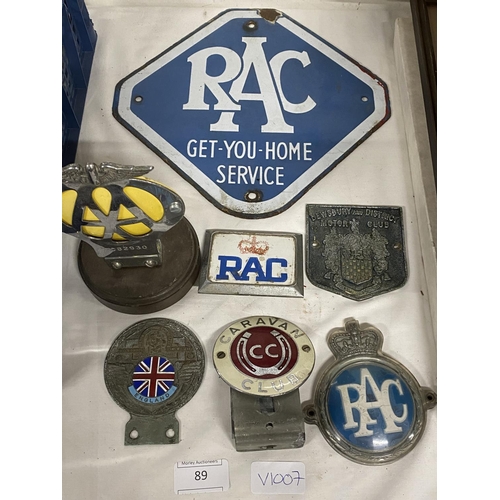 89 - A vintage RAC enamel sign and collection of assorted car bumper badges