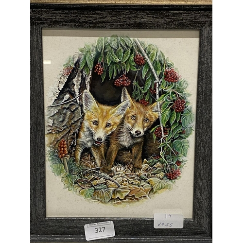 327 - A stunning watercolour of two fox cubs looking out of their den, by R Paxton, 31x26cm