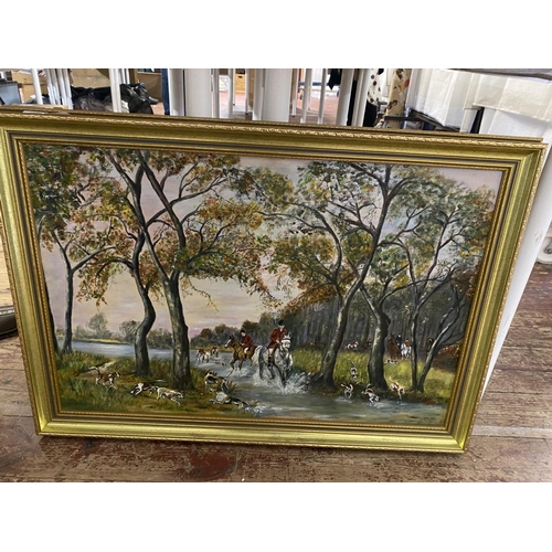 333 - A framed oil on board depicting a hunting scene signed G Beck 85x60cm, shipping unavailable