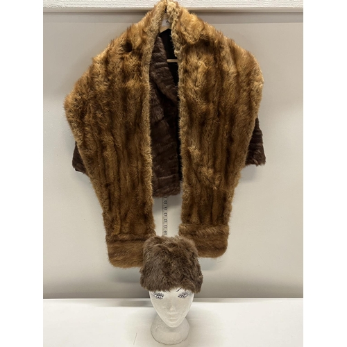 341 - A ladies fur jacket, shawl and hat