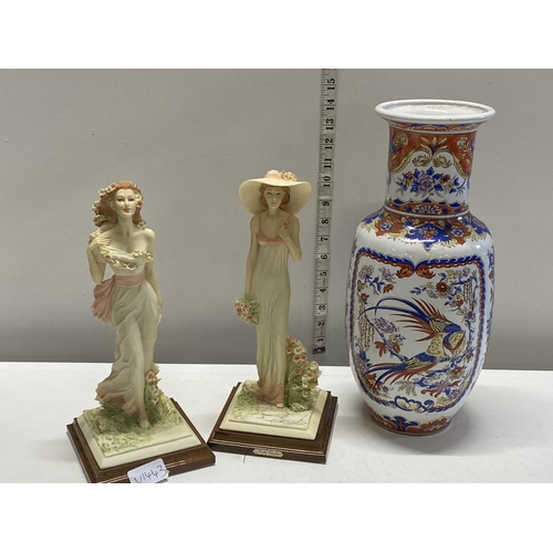 293 - A vintage Oriental vase and two resin lady figurines