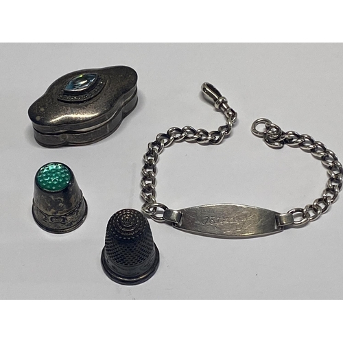 154 - A Silver ID bracelet A hallmarked silver Charles Horner thimble & other white metal items.