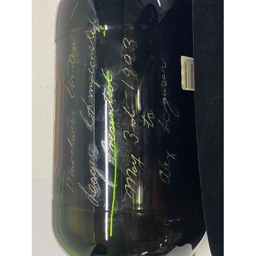 220 - A unopened bottle of Black Bottle Scotch whisky 4.5 litres 1993. Signed by Sir Alex Ferguson and awa... 