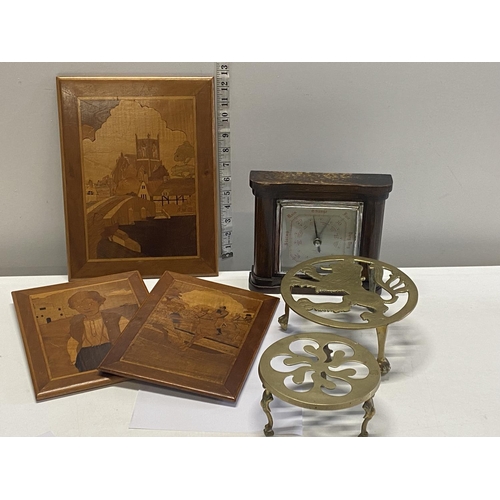 287 - A selection of collectibles including brass trivets & barometer.