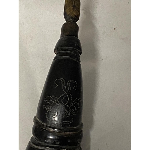 5 - A vintage black powder horn with leather strap (needs re-attaching one end)