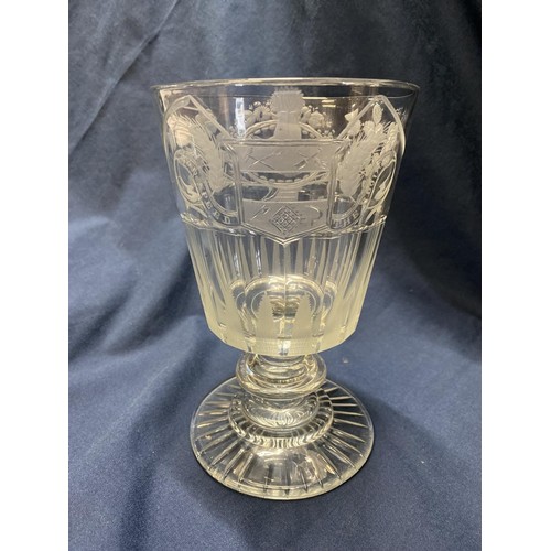 197 - A very rare large Georgian wheel etched glass chalice with facet cut decoration 'God Speed the Ploug... 