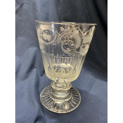 197 - A very rare large Georgian wheel etched glass chalice with facet cut decoration 'God Speed the Ploug... 