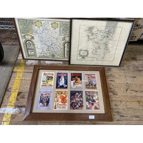 368 - Two antique framed maps of Debryshire and Bedfordshire and one other framed advertising picture. Shi... 
