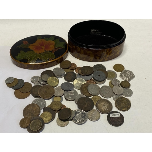 362 - A papier mache box and contents of old world and British coins etc