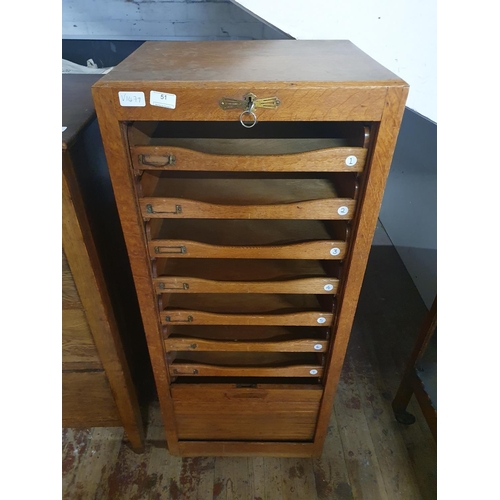 51 - An antique oak roll front Tambour cabinet with key, lock in working order. 115x48x38, shipping unava... 