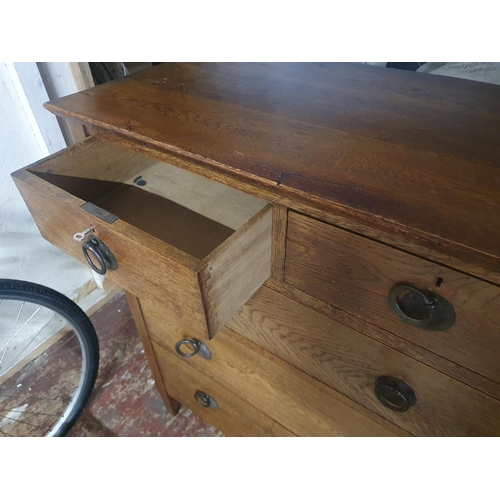 50 - An antique oak five chest of drawers complete with key measuring 91x48x107. shipping unavailable