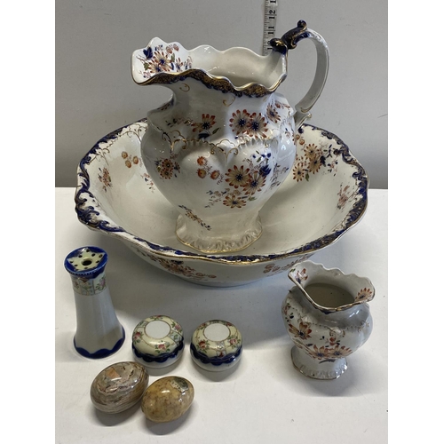 33 - A antique jug and basin set with other ceramics.Shipping unavailable