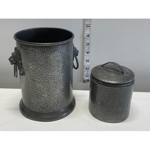 9 - A W & Co. pewter wine bottle holder and a pewter storage canister