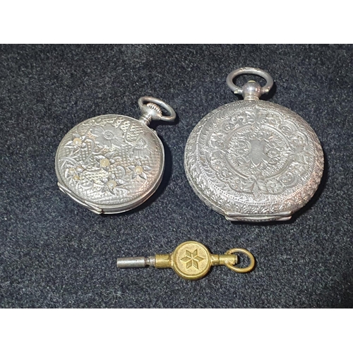 109 - Two ladies continental silver pocket watches, one top wind other key wind, both in working order