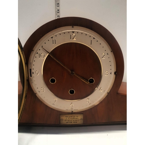 3 - A Smiths Art Deco period walnut mantle clock, with key & pendulum, shipping unavailable