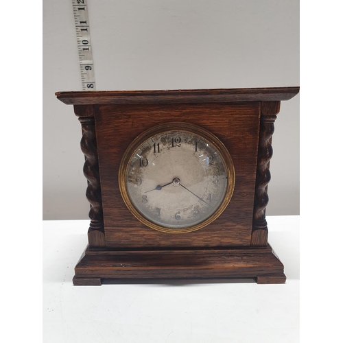 76 - A vintage wooden cased mantle clock and two other pieces of treen, shipping unavailable